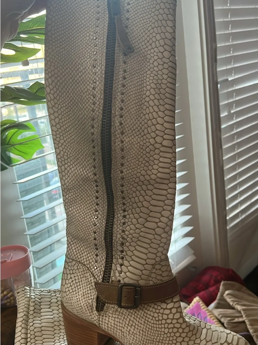 Freebird by Steven Cream Snakeskin-Textured Over-the-Knee Boots with Brown Strap